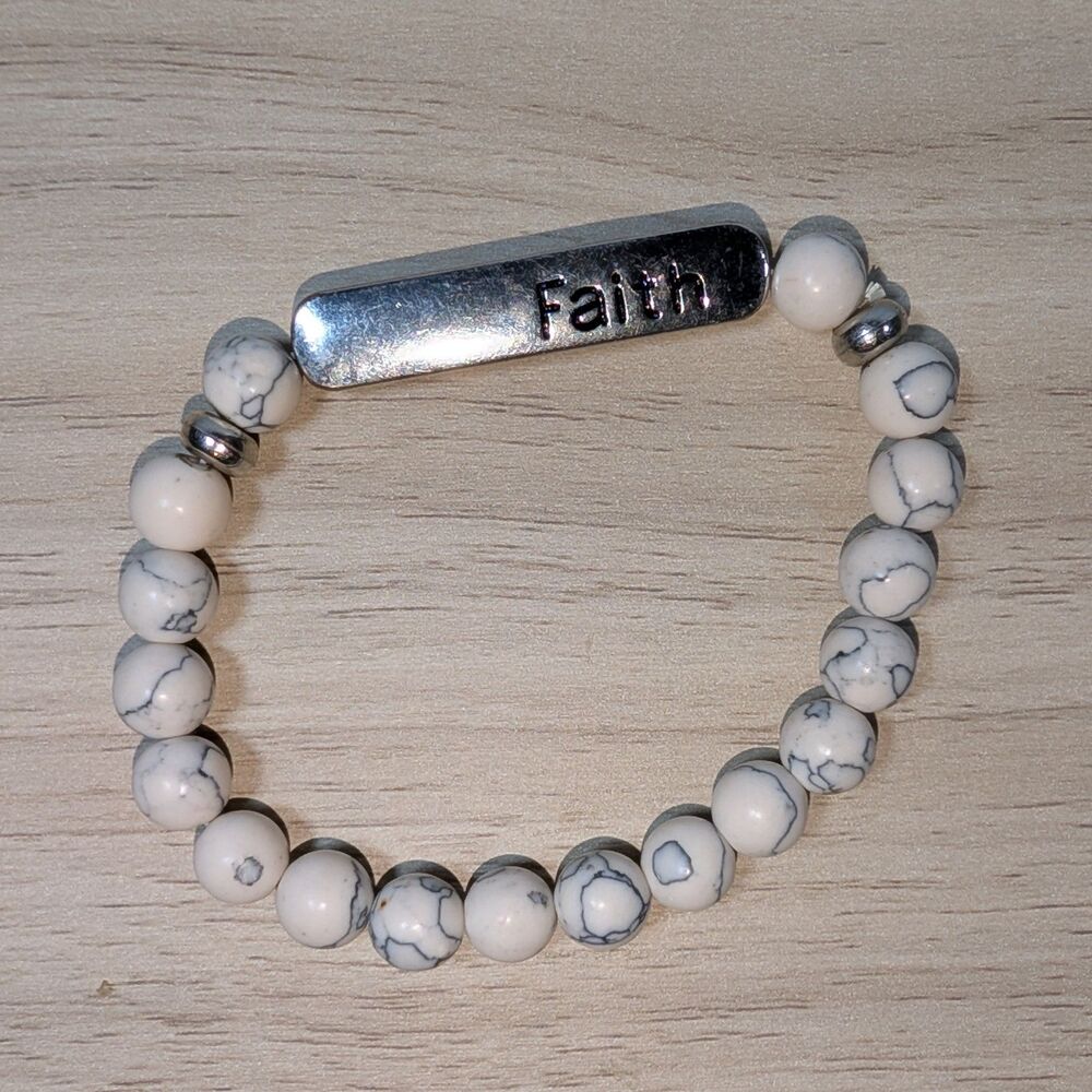 Faith Bracelet White Howlite Bead Stretch Silver Tone Inspirational
